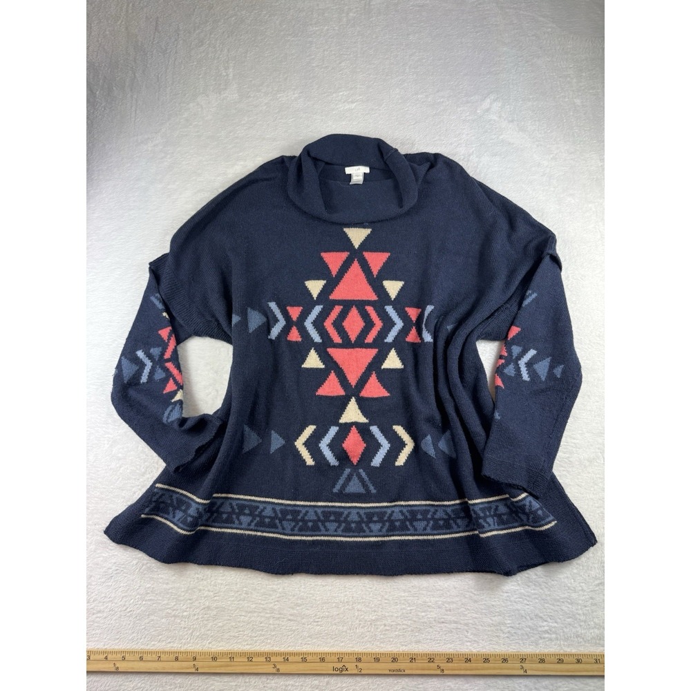 J. Jill Navy Blue Aztec pullover Geometric Cowl Neck Poncho‎ Sweater M Boho